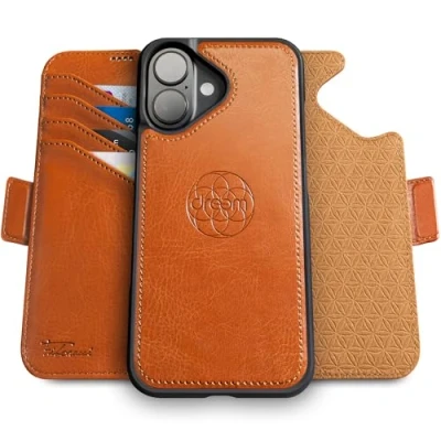 Abbildung von Dreem Fibonacci kompatibel mit iPhone 16 Brieftaschen Etui / 2 in 1 stoßfestes und abnehmbares Folio aus veganem Leder, MagSafe, RFID Schutz [Karamell]