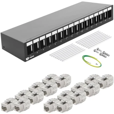 Abbildung von HB DIGITAL 16 Port Patchpanel Patchfeld Verteilerfeld 1 HE 16x CAT 7 RJ45 Keystone Jack Modul vollgeschirmt STP 10 Gbps Kompatibel mit Verlegekabel Netzwerkkabel Ethernet LAN Schwarz