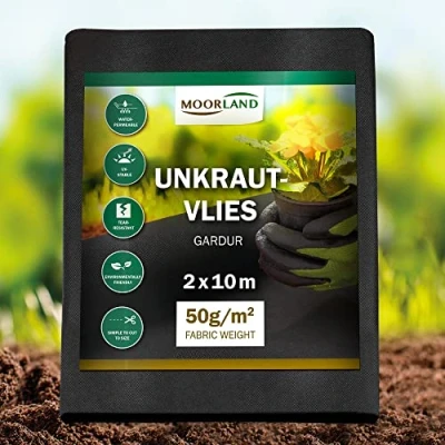 Abbildung von Moorland Unkrautvlies für Garten 20m² Gartenvlies Wasserdurchlässig 2m breit Gardur Unterbodengewebe Unkrautflies UV Beständig Reißfest Folie gegen Unkrautgewebe Unkrautfolie Mulchfolie Schwarz