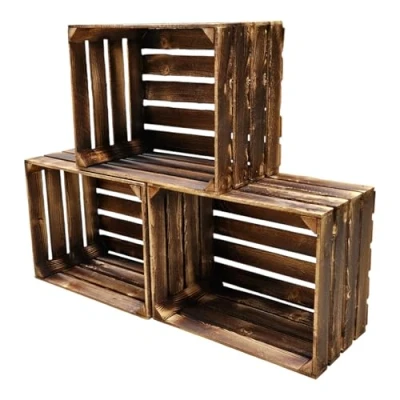 Abbildung von Teramico Holzkisten Obstkisten Weinkisten geflammt dunkel 50 x 40 30cm in tollen Set Angeboten als Regal oder zur Aufbewahrung (3 ohne Boden)