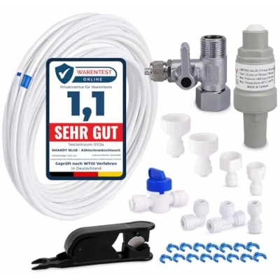 Abbildung von smardy ZO006 15m Wasserzulaufleitung Universal Anschluss Set mit Druckregler für Kühlschrank Side by Osmoseanlagen Umkehrosmose Kühlschrankschlauch 6,35mm (1/4&quot;)