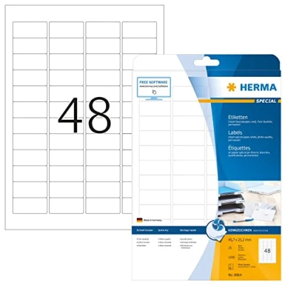 Abbildung von HERMA 8864 Universal Etiketten für Inkjet Drucker, 25 Blatt, 45,7 x 21,2 mm, 48 pro A4 Bogen, 1200 Stück, selbstklebend, bedruckbar, matt, blanko Klebeetiketten Aufkleber Tintenstrahldrucker, weiß