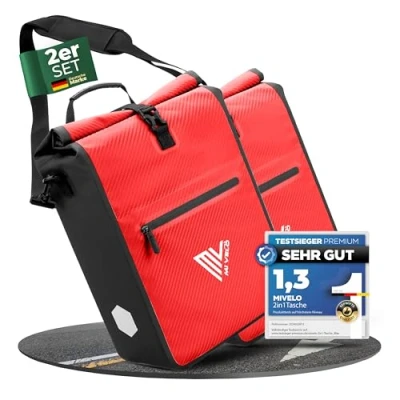 Abbildung von MIVELO 2in1 Fahrradtasche für Gepäckträger I Gepäckträgertasche wasserdicht inkl. Schultergurt Fahrrad Tasche Set (Carbon Rot)
