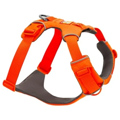 Abbildung von Ruffwear Front Range Hundegeschirr, reflektierendes Y Geschirr, verstellbares, bequem gepolstertes Alltagsgeschirr für Spaziergänge und Hunderennen, 2 Leinenbefestigungen V Ring, Blaze Orange M