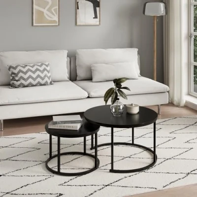 Abbildung von Home Collective Couchtisch 2er Set aus Holz, Wohnzimmertisch Modern (Büro Beistelltisch Loft Design TWIN, kratzfeste Oberfläche, 2 in 1), Schwarz, Rund 1, Metallgestell für Wohnzimmer