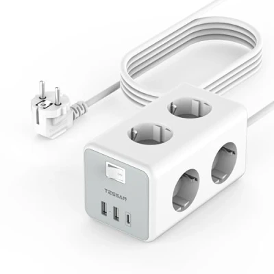 Abbildung von TESSAN 6 Fach Mehrfachsteckdose mit USB C, Verlängerungskabel 5M Verteilersteckdose, Steckdosenleiste 3 USB, 9 in 1 Steckerleiste Schalter, Steckdosenwürfel Wandmontage, Mehrfachstecker 3600W