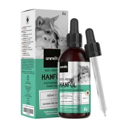 Abbildung von animigo Hanföl für Hunde &amp; Katzen 60ml Kaltgepresst reines Hanfsamenöl mit Omega 3, 6 9 Bei Angst, Stress, Unruhe, Reisen, Gewitter Feuerwerk Entspannungs Anti Stress Mittel Haustiere