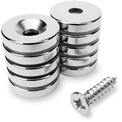 Abbildung von Sensei 10 Stück Ring Neodymmagnet 15x3 mm mit Öffnung für Schraube, belastbar bis 2,4 kg + Holzschrauben im Set
