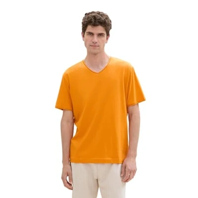 Abbildung von TOM TAILOR Herren Basic T Shirt mit V Ausschnitt,12392 fresh Pepper orange, XL
