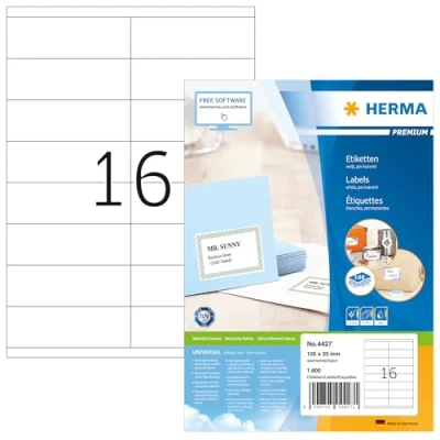 Abbildung von HERMA 4427 Adressetiketten, 100 Blatt, 105 x 35 mm, 16 pro A4 Bogen, 1600 Stück, selbstklebend, bedruckbar, matt, blanko Papier Adressaufkleber Etiketten, weiß