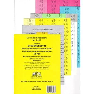 Abbildung von DürckheimRegister STEUERGESETZE, Gesetze und §§ ohne Stichworte: 224 Registeretiketten (sog. Griffregister) STEUERGESETZE AO, FGO, EStG, KStG, UStG, ... In jedem Fall auf der richtigen Seite