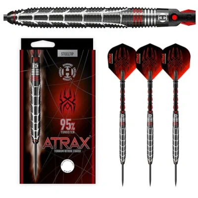 Abbildung von Harrows Atrax 95% Tungsten Darts Set mit Stahlspitze 21g, 22g, 23g, 24g, 25g &amp; 26g Beinhaltet Carbon ST Schäfte und 100 Micron Red Flights (24g)