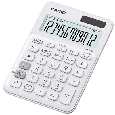 Abbildung von CASIO Tischrechner MS 20UC WE, 12 stellig, in Trendfarben, Steuerberechnung, Zeitumrechnung, Solar /Batteriebetrieb, 2.3 x 10.5 14.95 cm