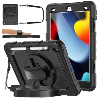 Abbildung von DAORANGE Hülle für iPad 9. 8. 7. Generation (iPad 10.2 Zoll 2021/2020/2019), Stoßfeste Schutzhülle mit Displayschutzfolie, 360 Drehbar Stand, Handgurt &amp; Schultergurt 9/8/7 (Schwarz)