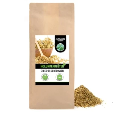Abbildung von Holunderblüten Tee (250g), Holunder Blüten gerebelt, Holunderblütentee schonend getrocknet, 100% rein und naturbelassen zur Zubereitung von Holundertee