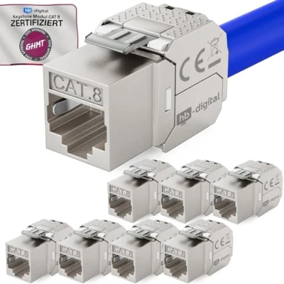 Abbildung von hb digital 8x CAT 8 Keystone RJ45 Modul Buchse für LAN Kabel GHMT Zertifiziert 40 Gbit/s bis 2000 MHz AWG 22 26 werkzeuglos LSA vollgeschirmt STP Einbaubuchse Patchpanel und Netzwerkdose