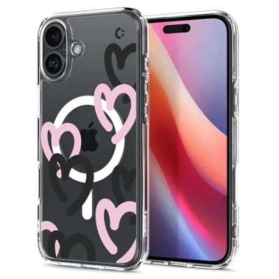 Abbildung von Spigen für iPhone 16 Hülle [Anti Yellowing] Ultra Hybrid MagFit Case Handyhülle Transparent Dünn Slim Kompatibel mit MagSafe Hearts Black Pink