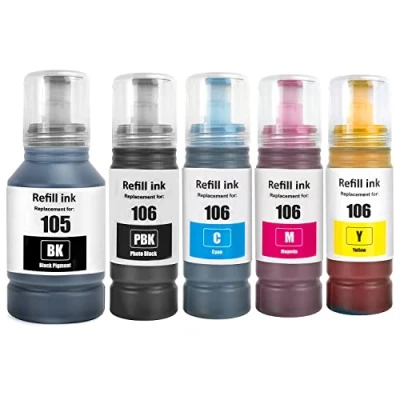 Abbildung von SHUOLEI 105 106 Tinte Kompatibel mit Epson Tintenpatronen Nachfülltinte Multipack für EP L 7160 7180 ET 7700 7750 (5 Pack, 2 Schwarze Cyan Magenta Gelb)