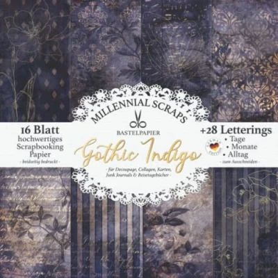 Abbildung von BASTELPAPIER Gothic Indigo für Decoupage, Collagen, Karten, Junk Journals &amp; Reisetagebücher : DIY Papier Zubehör zum Ausschneiden I Mit Letterings Kalender Basteln, Tagebuch Deko Inspo