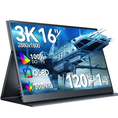 Abbildung von UPERFECT OLED Portable Monitor 3K 120Hz 16 Zoll Gaming Monitor, 500 Nits 100% DCI P3 10 Bit 100000:1 Contrast 1ms Ansprechzeit Bildschirm für Laptop Mini PC Phone Game Consoles