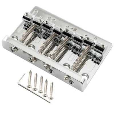Abbildung von Musiclily Pro 57mm Schwerlast Bass Steg Bridge Vintage Messing Saitenreiter für 4 Saiter E Precision/Jazz Bass, Chrom