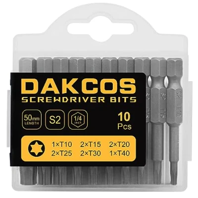 Abbildung von DAKCOS Torx Bit lang Set, T10 T15 T20 T25 T30 T40 Sortiment aus S2 (Länge: 50 mm, 10 Stück)