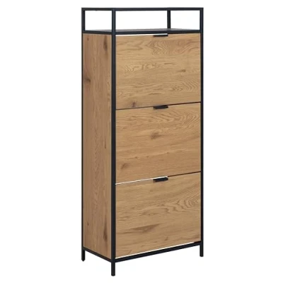 Abbildung von AC Design Furniture Jörn Schuhschrank mit 3 Klappbaren Fächern, Geschlossenes Schuhregal in Wildeichenoptik und Schwarz, Industrial Style, Flurmöbel, B: 56 x H: 129 T: 30 cm