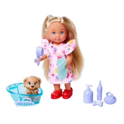 Abbildung von SIMBA Evi Love Dog Bath, Spielpuppe mit Hund, der Schmutz an seinen Pfoten hat, inkl. Badewanne und Handtuch, 8 Teile, Zubehör, 12cm, ab 3 Jahren