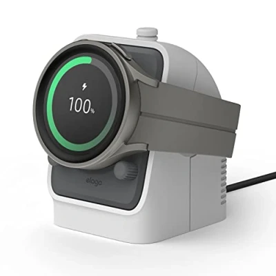 Abbildung von elago Ladestation Kompatibel mit Samsung Galaxy Watch 7/7 Ultra / 6/6 Classic 5/5 Pro [40/43/44/45/47mm] Ladegerät, Walkie Talkie Design [Ladekabel Nicht im Lieferumfang Enthalten] (Hellgrau)