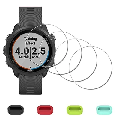 Abbildung von iDaPro Displayschutz Schutzfolie für Garmin Forerunner 245 Music / Smartwatch + 4 teiliger Ladeanschlussschutz, 9H Härte Gehärtetes Glas Displayschutzfolie Einfache Installation [4 Stück]