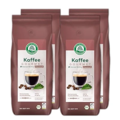 Abbildung von LEBENSBAUM 4 x Espresso Minero ganze Bohne, Bio Röstkaffe aus 100% Arabica Bohnen, kräftig intensiver Geschmack, satte Crema, 1 kg