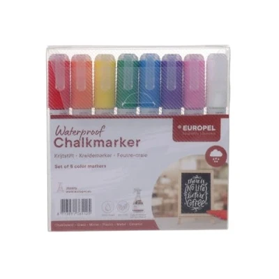Abbildung von Europel Wasserabweisender Kreidemarker, 6 mm Spitze, Set mit 8 bunten Markern für Nachrichten im Innen und Außenbereich, Tafeln, Schieferplatten, Schilder, Fenster