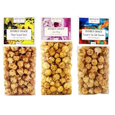Abbildung von Everly Grace Popcorn Originals Bundle Caramel &amp; Sea Salt Sensation, Peanut Swirl, Love Story, je 100 g Tüten aus unserer Manufaktur in Augsburg, Deutschland