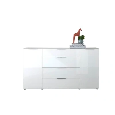 Abbildung von Stella Trading Sideboard Kommode SANTORIN weiß 180 cm breit mit Glasfront, Schrank Korpus in Oberboden Glas und Schubladen für Ihren Wohnbereich x 99 40 (B/H/T)