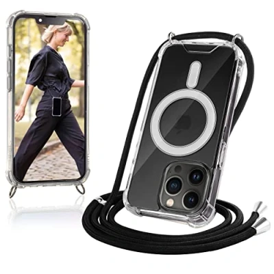 Abbildung von JProtect Magnetische Handykette für iPhone 13 Pro Magsafe Hülle/iPhone Hülle mit Band zum Umhängen Schwarz Kordel/Kette Handyhülle Magnet