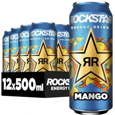 Abbildung von Rockstar Energy Drink Mango Exotisches, koffeinhaltiges Erfrischungsgetränk mit Geschmack für den Energie Kick, EINWEG (12 x 500ml) (Verpackungsdesign kann abweichen)