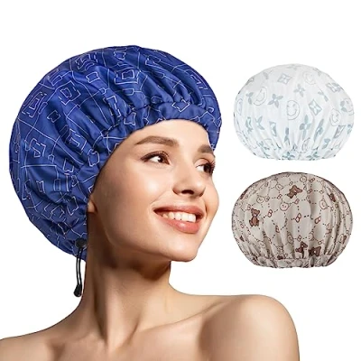 Abbildung von WINSTECK 3 teilige Duschhauben für Damen, Upgrade bequem und extra groß doppellagig, wasserdichte Badehaube, übergroße, verstellbare Haarhaube mit Saum alle Haarlängen/ stile