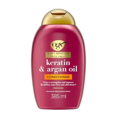 Abbildung von OGX Anti Frizz Keratin Glättungsöl 5 in 1 sulfatfreie Haarspülung 385 ml