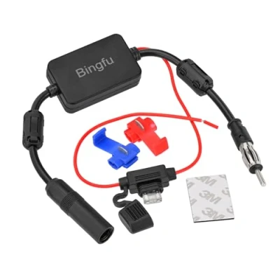 Abbildung von Bingfu Autoradio Antenne Signal Verstärker, FM Booster Antennenverstärker 12V Stromversorgung DIN Stecker Adapter für Fahrzeug LKW SUV Stereo Media Head Unit Empfänger