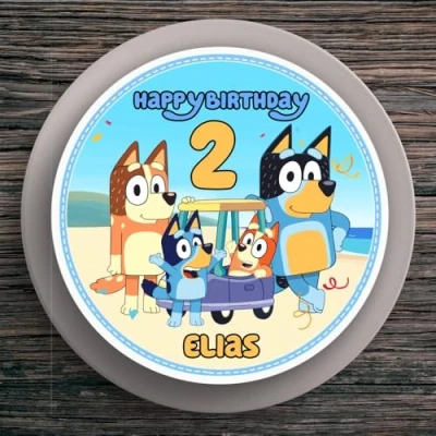 Abbildung von Tortenaufleger Geburtstag Bluey #2 Name &amp; Zahl (20cm) Fondant Papier