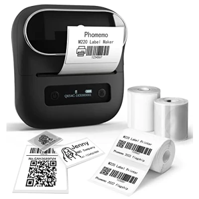 Abbildung von Phomemo M220 Etikettendrucker, Tragbarer Ettikettendrucker Beschriftungsgerät Bluetooth Thermo Etiketten Barcode,Einzelhandel,kleine Unternehmen, Mit Smartphone &amp; PC, 3 Rollen