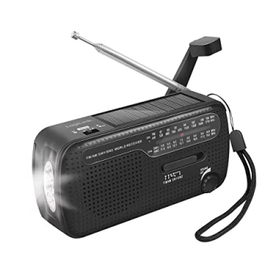 Abbildung von LogiLink Notfall Radio mit 3 Lademöglichkeiten: Dynamo Handkurbel, Solarpanel und USB, integrierter Taschenlampe