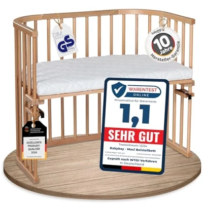 Abbildung von babybay Maxi extra großes Beistellbett aus massivem Buchenholz/Kinderbett Höhe stufenlos verstellbar &amp; umweltfreundlich/mit Matratze Classic Soft (Natur lackiert)