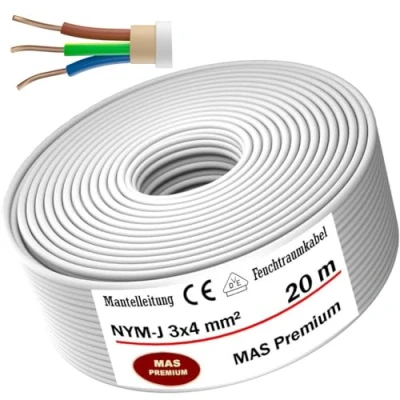 Abbildung von MAS Premium Feuchtraumkabel Stromkabel 5 200m Mantelleitung NYM J 3x1, 2,5 4 6 10 oder 5x1,5 16 Elektrokabel für feste Verlegung (NYM 3x4 mm², 20m)