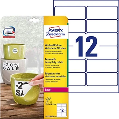 Abbildung von AVERY Zweckform L4776REV 20 Wetterfeste Folienetiketten (240 Aufkleber, 99,1x42,3mm auf A4, selbstklebend, wasserfest, wiederablösbar, strapazierfähig, bedruckbare Outdoor Klebefolie) Blatt, weiß