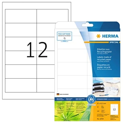 Abbildung von HERMA 10704 Recycling Etiketten, 20 Blatt, 97 x 42,3 mm, 12 pro A4 Bogen, 240 Stück, selbstklebend, bedruckbar, matt, blanko Papier Klebeetiketten Aufkleber, natur weiß