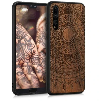 Abbildung von kwmobile Hülle kompatibel mit Huawei P20 Pro Holz Case Handy Cover TPU Handyhülle in Dunkelbraun Indische Sonne