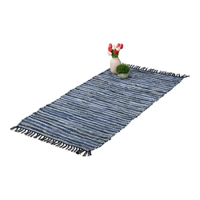 Abbildung von Läufer Flickenteppich Leder &amp; Baumwolle, relaxdays, Höhe: 10 mm, Blau, 70x140cm