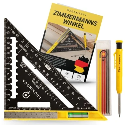 Abbildung von Proxinova Zimmermannswinkel Set Aluminiumlegiert 180mm mit Wasserwaage und Zimmermannsstift, Messlehre, Winkelmesser, Anschlagwinkel Speed Square, Zimmererwinkel