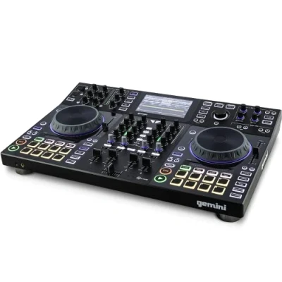 Abbildung von Gemini Sound SDJ 4000 Standalone / MIDI Controller DJ Equipment Console Tabelle mit 2 Decks, 4 Kanal Audiomischer, berührungskapazitive Jog Räder und 7 &quot;Zoll HD Bildschirm, Black